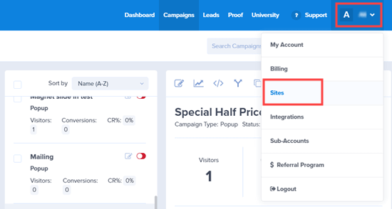 Select the 'Sites' link from the OptinMonster dropdown Select the 'Sites' link from the OptinMonster dropdown