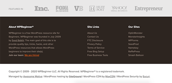 Example of the footer area on a WordPress powered website