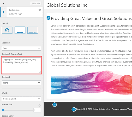 Editing the footer text in the theme customizer for the Astra theme